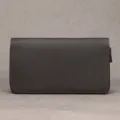 Front view of a dark brown leather wallet laid flat, showing fine grain and neat edge stitching - Style 9100 / Dark Brown