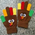 Gants en maille marron, doigts colorés, dinde brodée et poignets côtelés pour Thanksgiving - Adulte 56-59 / Une Paire de Gants