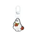 White Halloween ghost PVC keychain with orange pumpkin, red flowers, green leaves, and white clasp - Ghost with Pumpkin Bouquet / 014-124 White Lobster Clasp