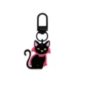 Schwarzer Katzen-Schlüsselanhänger mit rosa Umhang und Schleife, mit schwarzem Metallhaken - 014-67 Schwarzer Hummerverschluss