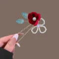 Red velvet flower hairpin with pearl details, pearl loops, translucent blue leaves and gold prongs - Red Velvet Pearl Flower Double Hairpin / 1 Piece/Pack
