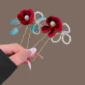 Pair of U-shaped hairpins with red velvet flowers, blue leaves, pearl accents and gold-tone pins - Red Velvet Pearl Flower Double Hairpin / 2 Pieces/Pack
