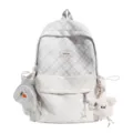 Sac à dos scolaire blanc à carreaux et pois gris, avec breloque amovible et petite pochette - Sac Seul / Gris