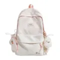 Sac à dos scolaire rose et blanc à carreaux et pois, avec pendentif en peluche et petite pochette - Rose