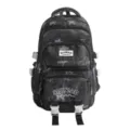 Sac à dos scolaire noir à texture délavée, avec plusieurs poches zippées et des boucles blanches - Sac Seul / Noir