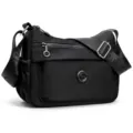 Borsa a tracolla nera in nylon, con fascia regolabile, tasca frontale con zip e placca metallica - Nero