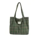 Green plaid fabric tote bag with long shoulder straps, shown front-facing on a white background - Green Plaid