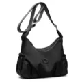 Sac bandoulière noir en nylon pour femme, froncé, avec sangle réglable et poches latérales - Noir