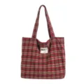 Red and green plaid fabric tote bag with long shoulder handles, shown front-facing on white - Red Plaid