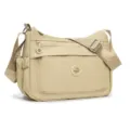 Borsa a tracolla beige in nylon con cinturino regolabile e tasca frontale con zip, vista angolata - Crema