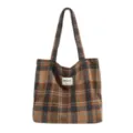Large plaid tote bag in brown, orange, gray and navy woven fabric with long shoulder straps - Dark Blue Plaid