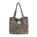Leopard-print plush tote bag with long shoulder handles and an open, square-shaped top - Brown Leopard