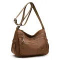 Sac bandoulière en nylon marron, avec sangle réglable et plusieurs poches zippées - Marron