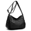 Sac bandoulière noir à plusieurs zips, avec sangle réglable et poche latérale à cordon - Noir