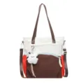 Cabas coloré blanc, marron et rouge, avec poche zippée à l’avant et porte-clés lapin en peluche - Sac Seul / Café Blanc