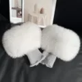 Pair of gray-white fox fur wrist warmers with fluffy panels and ribbed knit cuffs - Blue Fox Natural