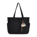 Grand cabas noir en nylon, poches latérales, anses d'épaule et pendentif chien en peluche - Sac Seul / Noir