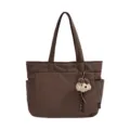 Sac cabas en nylon marron à deux anses, poches multiples et petit pendentif ourson décoratif - Café