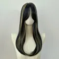 Long straight dark blue-black wig with fine golden highlights and soft fringe on a mannequin - Long Straight with Curtain Bangs / Black with Golden Brown Highlights