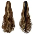 Long wavy clip-in ponytail hairpiece in brown with blonde highlights and a black claw clip - Claw Clip Ponytail (7017) / Long Wavy About 50cm / Black Brown With Gold Highlights