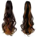 Long wavy claw-clip ponytail hair extension in dark brown with orange-brown highlights - Claw Clip Ponytail (7017) / Long Wavy About 50cm / Black Brown With Orange Highlights