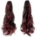 Long wavy claw-clip ponytail extension in dark brown with burgundy highlights, shown front and back - Claw Clip Ponytail (7017) / Long Wavy About 50cm / Black Brown With Wine Red Highlights