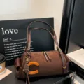 Brown suede and leather shoulder bag with twin handles and a wooden letter C charm - Without Pendant / 32x11x14cm / Coffee