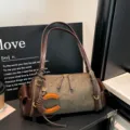 Olive-brown suede shoulder handbag with dark brown leather straps, gold hardware and orange charm - Without Pendant / 32x11x14cm / Green