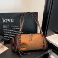 Brown suede barrel shoulder bag with leather straps, side pocket and wooden C-shaped charm - Without Pendant / 32x11x14cm / Brown