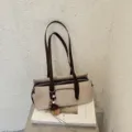 Beige taupe faux suede shoulder bag with dark brown handles, zipper trim and wooden charm - Khaki (With Pendant) / 30*10*14