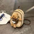 Beige suede-look mini backpack with brown leather trim, teddy bear charm and a plaid bow - 15*7*21 / Khaki