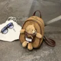 Brown suede-look mini backpack with leather-style straps, metal zipper and plush bear charm - 15*7*21 / Brown