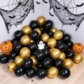 Black and gold balloons arranged beneath Halloween spiderwebs, bats, pumpkins and a small ghost - Metallic Gold and Matte Black / 10 Inch (60 Pieces)