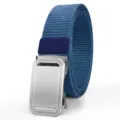 Blauer Herren-Nylongürtel mit silberner Automatikschließe und dunkelblauem Elastikeinsatz - Verbesserte Silberschließe / 120cm Ohne LOGO / Blau