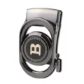 Fibbia automatica da uomo in metallo grigio argento, con medaglione nero rotondo, B dorata e bordo - Stile Placcato Grigio Argento (ZDK-092)