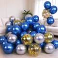 10" / Lot de 110 Pièces (Dont 10 Confettis Dorés) / Bleu Métallique + Argent