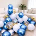 10" / Lot de 110 Pièces (Dont 10 Confettis Dorés) / Bleu Métallique + Argent + Blanc