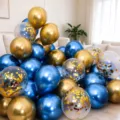 10" / Lot de 110 Pièces (Dont 10 Confettis Dorés) / Bleu Métallique + Or