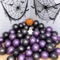Halloween balloon set in glossy purple and black, displayed with spiderwebs, a pumpkin and a ghost - Metallic Purple and Metallic Black / 10 Inch (100 Pieces)
