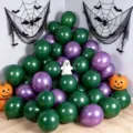 Halloween balloon set with glossy green and purple balloons, ghost, pumpkins and spiderweb decor - Metallic Purple and Matte Dark Green / 10 Inch (60 Pieces)