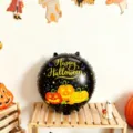 Ballon rond noir en aluminium pour Halloween, texte jaune, citrouilles et chauves-souris - Style Halloween Noir Rond