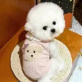 Kleine witte hond draagt een roze gebreid vestje met pluchen hondenpatch, ruitstrik en kanten rand - XS / Tops / Beige