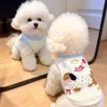 Kleine witte hond in een gebreid vest met blauwe bies, hondenborduurwerk en rode strik - S / Tops / Ruglengte 25cm (Aanbevolen 1,5-2kg) / Broken Wit