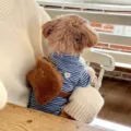 Small curly-haired dog wearing a blue-and-white striped turtleneck and a brown plush shoulder bag. - XS / Blue
