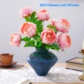 Huit pivoines artificielles roses dans un vase en céramique bleue à la texture travaillée - Ensemble 8 Pcs Pivoine Pot Bas / Rose