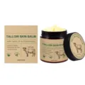 Tallow skin balm with castor oil and frankincense, shown in an open jar beside its kraft box - 120g Pack