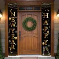Pair of black and gold New Year door banners with festive lettering, fireworks and champagne motifs - Black Gold Fireworks Style (SDL-001) / 30x150cm