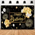 Black and gold birthday party backdrop with a Happy Birthday banner, balloons, stars and fireworks - Style SBJ-001 / 95x75cm