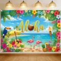 Hawaiian beach party photo backdrop with golden Aloha lettering, tropical flowers and flamingos - Aloha Beach Style (SBJ-001) / 95x75cm