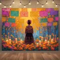 Day of the Dead fabric backdrop with papel picado, marigolds, candles and a woman seen from behind - Woman with Marigolds (SBJ-002) / 95x75cm
